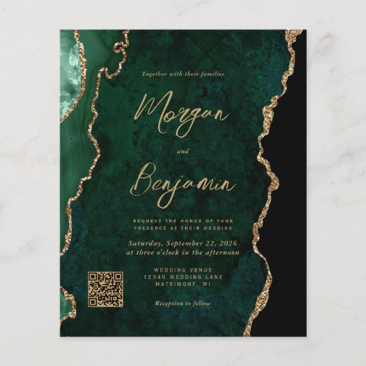 Papier Budget Emerald Green Agate QR Code Mariage Invitat (Devant)