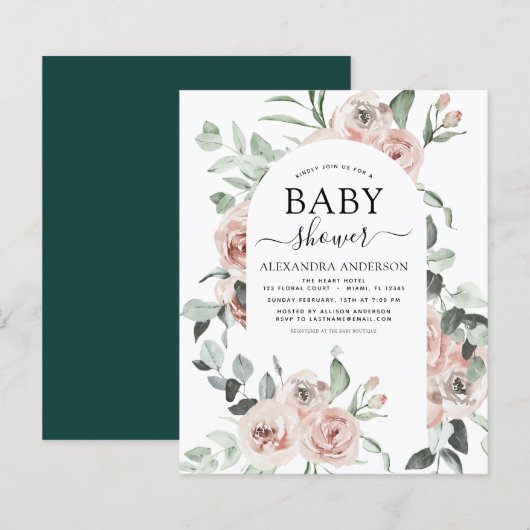 Papier Budget Emerald Green Baby shower Floral Invitation (Devant / Derrière)
