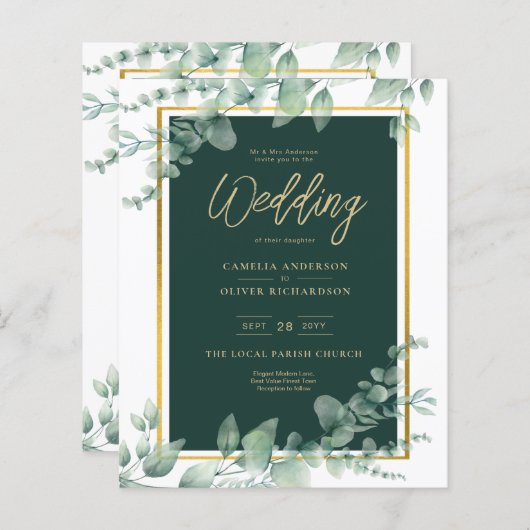 Papier Budget Emerald Green Botanical Gold Wedding Invita (Devant / Derrière)