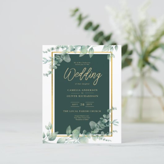 Papier Budget Emerald Green Botanical Gold Wedding Invita (Debout devant)