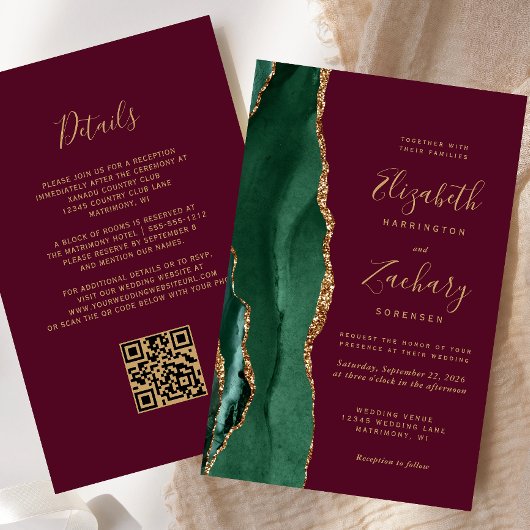 Papier Budget Emerald Green Burgundy QR Code Wedding
