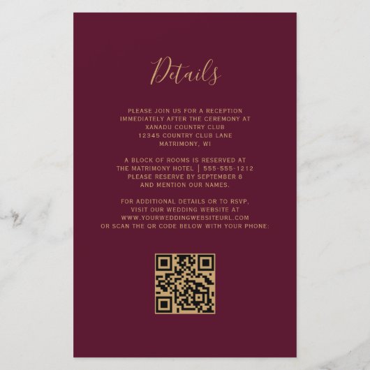 Papier Budget Emerald Green Burgundy QR Code Wedding (Dos)