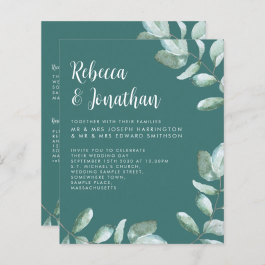 Papier Budget Emerald Green Eucalyptus Faire-part de mari (Devant / Derrière)