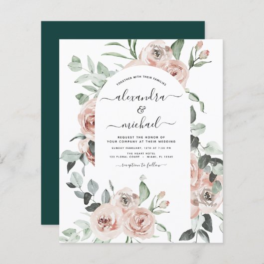 Papier Budget Emerald Green Floral Faire-part de mariage (Devant / Derrière)