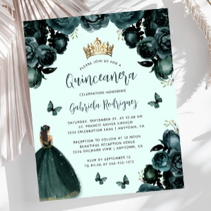 Papier Budget Emerald Green Floral Quinceañera Invitation