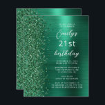 Papier Budget Emerald Green Glam 21e anniversaire Invitat<br><div class="desc">Le bord gauche de cette invitation de fête d'anniversaire moderne comporte une bordure en faux parties scintillant vert émeraude. Le texte personnalisable combine le script blanc et les polices sans serif sur un arrière - plan en métal brossé vert émeraude. L'envers présente un design correspondant.</div>