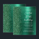 Papier Budget Emerald Green Glam 21e anniversaire Invitat<br><div class="desc">Le bord gauche de cette invitation de fête d'anniversaire moderne comporte une bordure en faux parties scintillant vert émeraude. Le texte personnalisable combine le script blanc et les polices sans serif sur un arrière - plan en métal brossé vert émeraude. L'envers présente un design correspondant.</div>