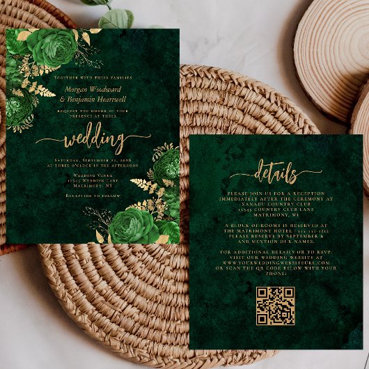 Papier Budget Emerald Green Gold Floral QR Code Mariage