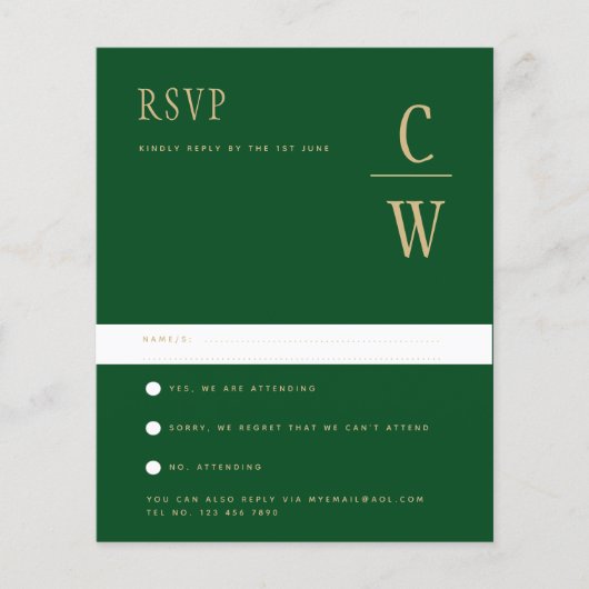 Papier BUDGET Emerald Green Gold Wedding RSVP (Devant)