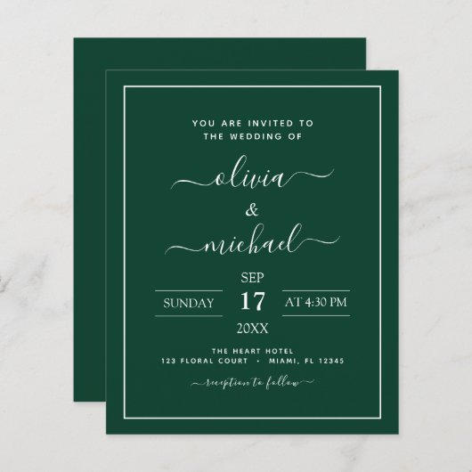 Papier Budget Emerald Green Mariage Typographie moderne (Devant / Derrière)
