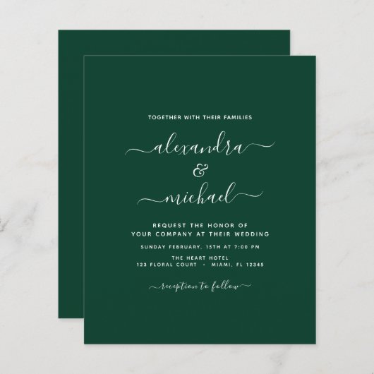 Papier Budget Emerald Green Mariage Typographie moderne (Devant / Derrière)