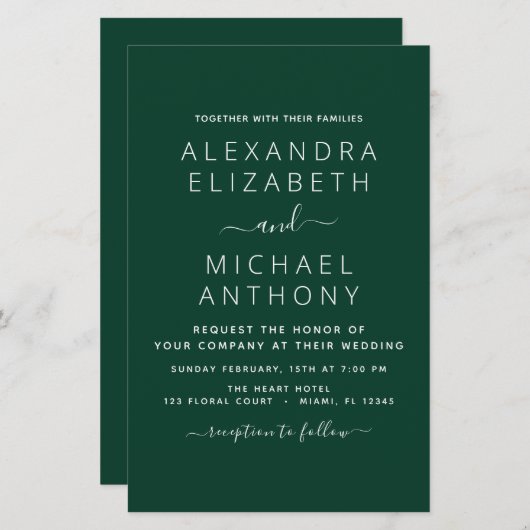 Papier Budget Emerald Green Mariage Typographie moderne (Devant / Derrière)