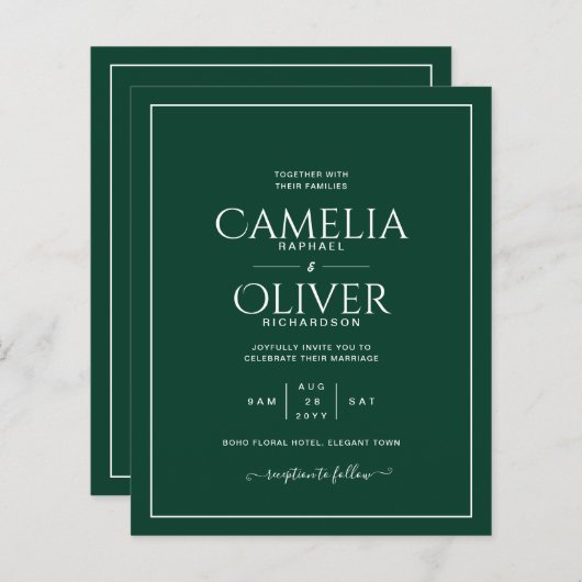 Papier BUDGET Emerald Green MONOCHROME Mariage (Devant / Derrière)