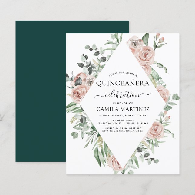 Papier Budget Emerald Green Quinceañera Floral Invitation (Devant / Derrière)
