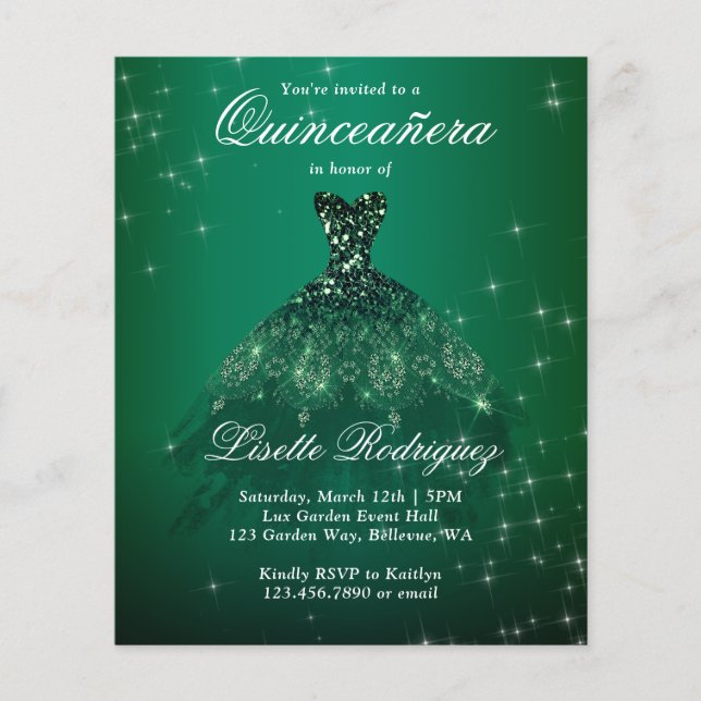 Papier Budget Emerald Green Quinceanera Invitation (Devant)