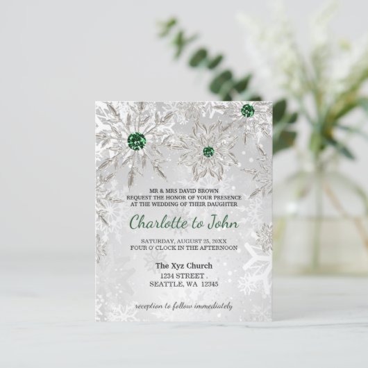 Papier Budget Emerald Green Snowflakes Faire-part de mari (Debout devant)