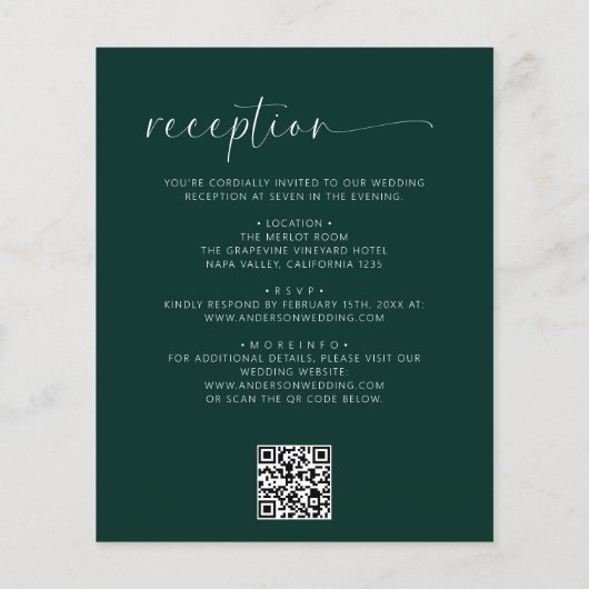 Papier Budget Emerald Green Tout en un Mariage QR Code (Dos)