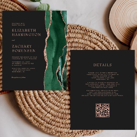 Papier Budget Émeraude Agate Rose Or Code QR Mariage