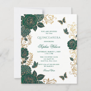Papier Budget Émeraude Or Floral Papillon Quinceañera