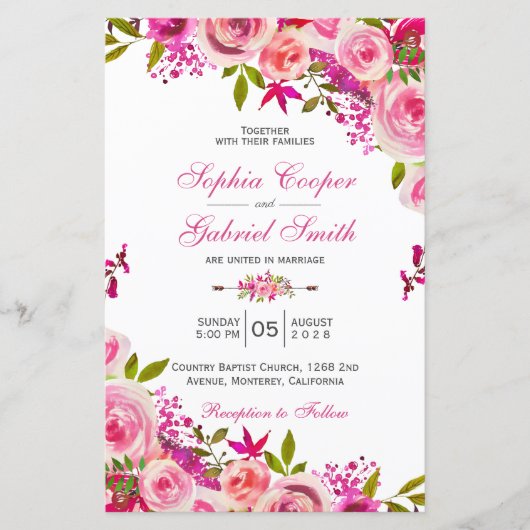 Papier Budget Été Faire-part de mariage Floral Rose Chaud (Devant)