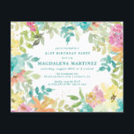Papier Budget Été Floral 21e Invitation anniversaire<br><div class="desc">Nouveau pour l'été 2024. L'aquarelle florale d'été moderne et colorée présente des fleurs rose, bleu turquoise, jaune et orange. Ils forment un cadre botanique, boho chic et rustique autour des détails de votre fête d'anniversaire. Cet article fait partie de la collection Summer Watercolor Floral. Il contient des modèles d'invitation professionnels,...</div>
