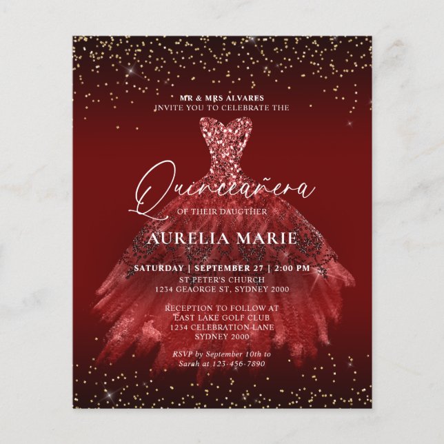 Papier BUDGET Étincelle Or Rouge princesse robe Quinceane (Devant)