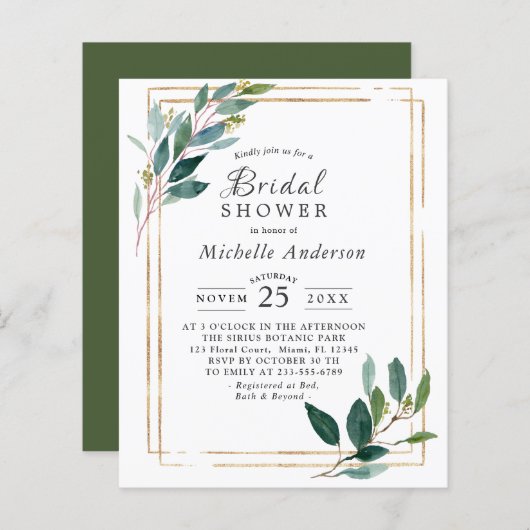 Papier Budget Eucaliptus Gold Bridal Shower Invitation (Devant / Derrière)