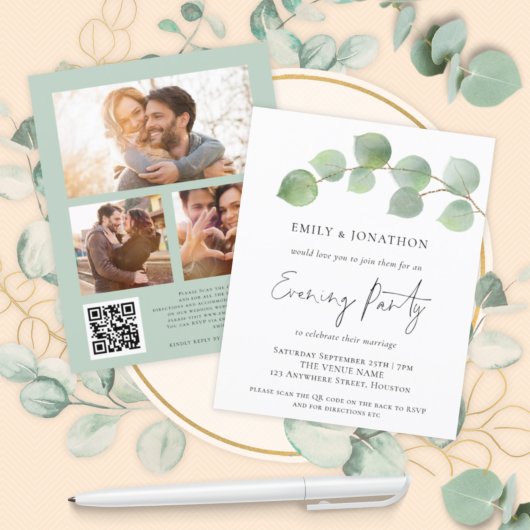 Papier BUDGET Eucalyptus 3 photo QR Invitation de soirée