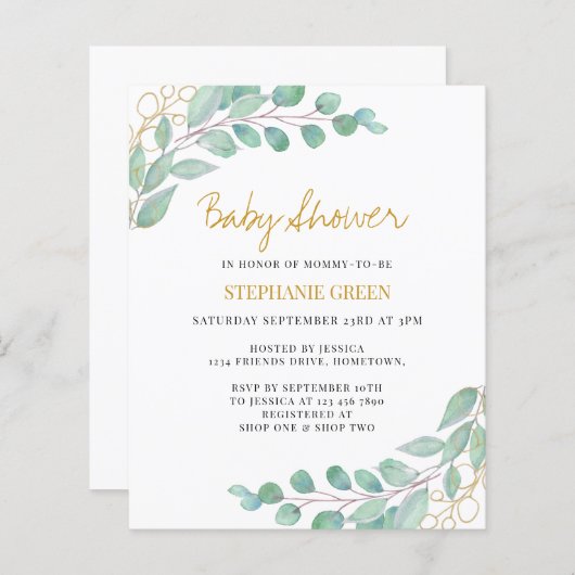 Papier Budget Eucalyptus Baby shower vert Invitation (Devant / Derrière)