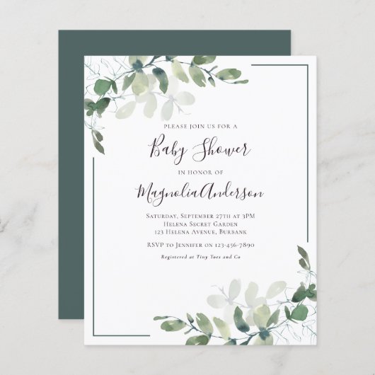 Papier BUDGET Eucalyptus Baby shower vert Invitation (Devant / Derrière)