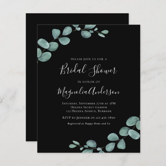 Papier Budget Eucalyptus Black Bridal Shower Invitation (Devant / Derrière)