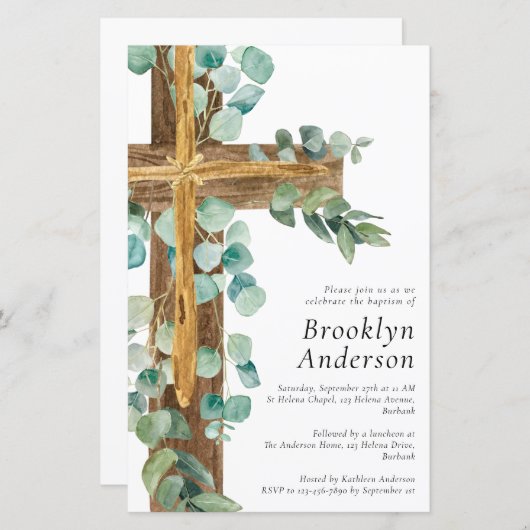 Papier Budget Eucalyptus Bois Croix Baptême Invitation (Devant / Derrière)