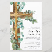 Papier Budget Eucalyptus Bois Croix Baptême Invitation (Devant)