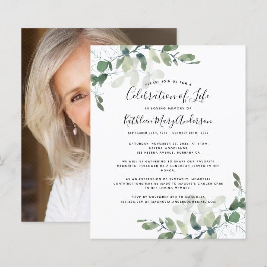 Papier Budget Eucalyptus Célébration de la vie Invitation (Devant / Derrière)