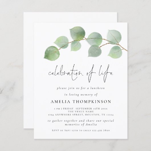 Papier Budget Eucalyptus Célébration De La Vie Invitation (Devant / Derrière)