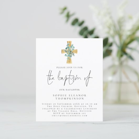 Papier Budget Eucalyptus Cross Script Baptême Invitation (Debout devant)