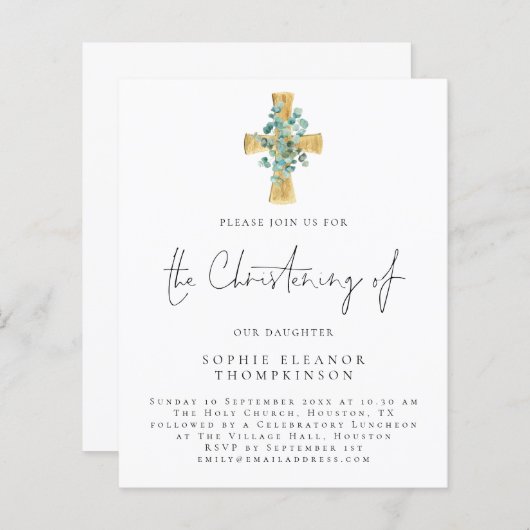 Papier Budget Eucalyptus Cross Script Christening Invitat (Devant / Derrière)