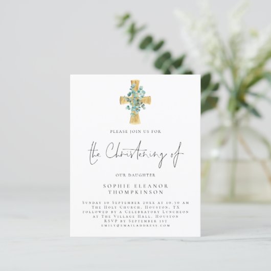 Papier Budget Eucalyptus Cross Script Christening Invitat (Debout devant)