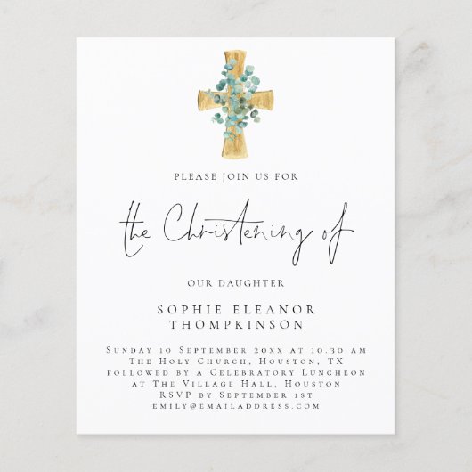 Papier Budget Eucalyptus Cross Script Christening Invitat (Devant)