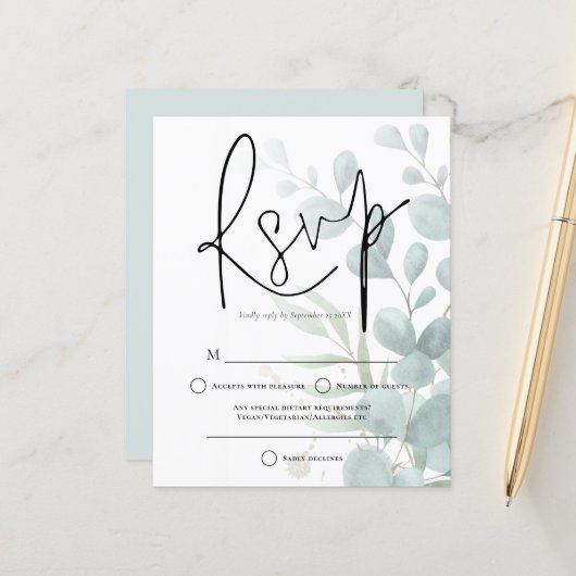 Papier Budget Eucalyptus Elégant Script Wedding RSVP (Devant/Arrière en situation)