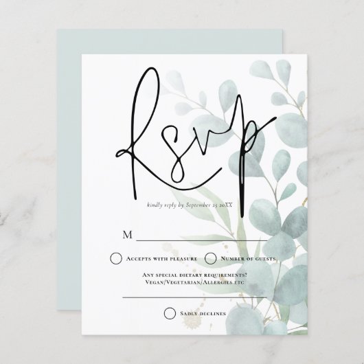 Papier Budget Eucalyptus Elégant Script Wedding RSVP (Devant / Derrière)