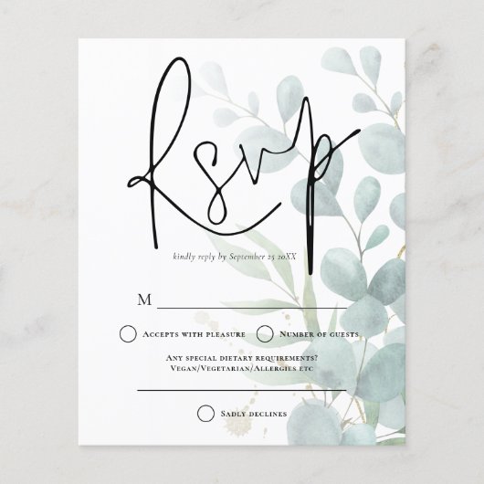 Papier Budget Eucalyptus Elégant Script Wedding RSVP (Devant)