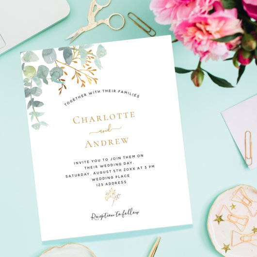Papier Budget Eucalyptus faire-part de mariage d'or vert