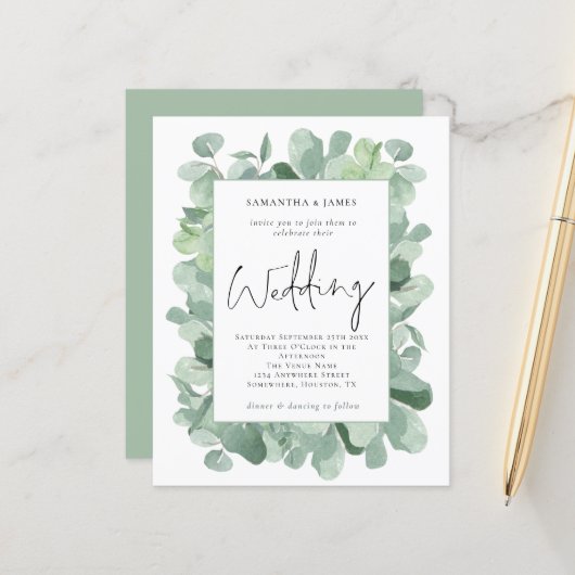 Papier Budget Eucalyptus Faire-part de mariage frontalièr (Devant/Arrière en situation)