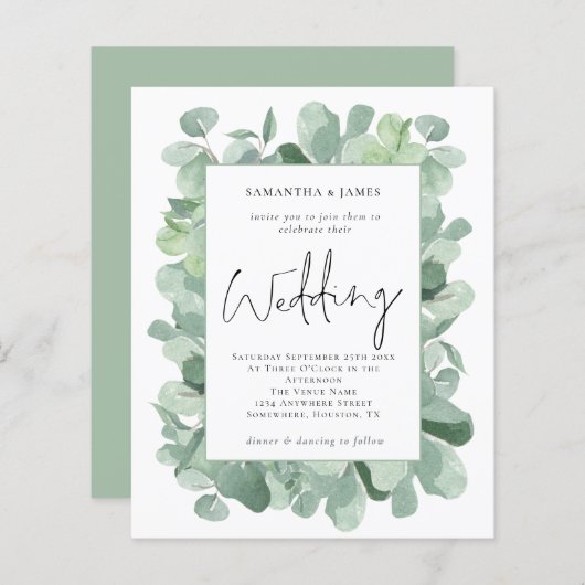 Papier Budget Eucalyptus Faire-part de mariage frontalièr (Devant / Derrière)