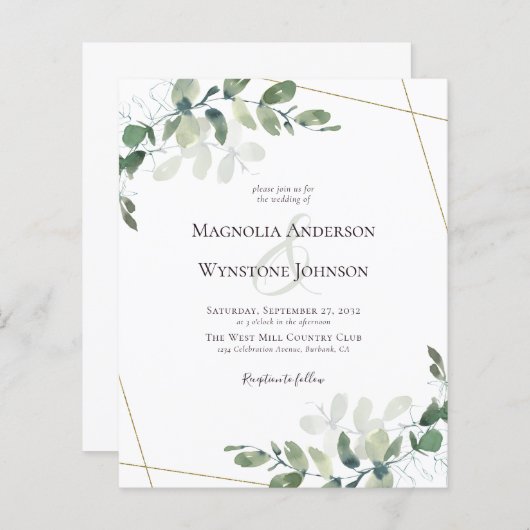 Papier Budget Eucalyptus Faire-part de mariage Or Vert (Devant / Derrière)