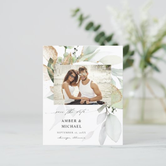 Papier Budget Eucalyptus Glow Photo Enregistrer la date 3 (Debout devant)