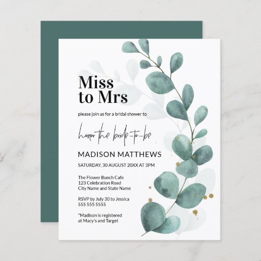 Papier Budget Eucalyptus Green Miss à Mme Fête des mariée (Devant / Derrière)