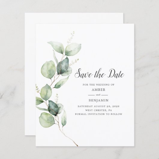 Papier Budget Eucalyptus Green Script Enregistrer la date (Devant / Derrière)