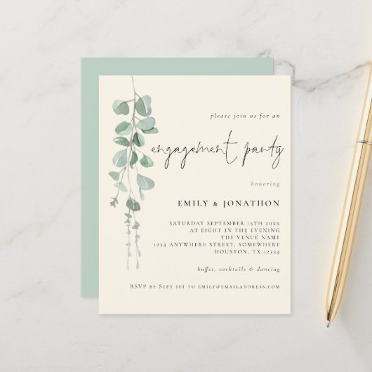 Papier Budget Eucalyptus Ivory Engagement Invitation (Devant/Arrière en situation)